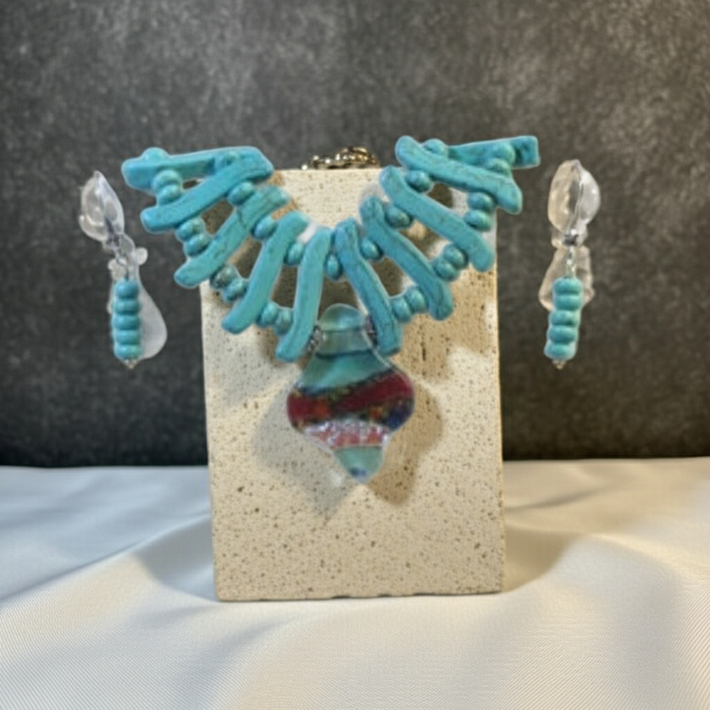 Turquoise Bib Necklace with Dichroic Pendant and Earrings