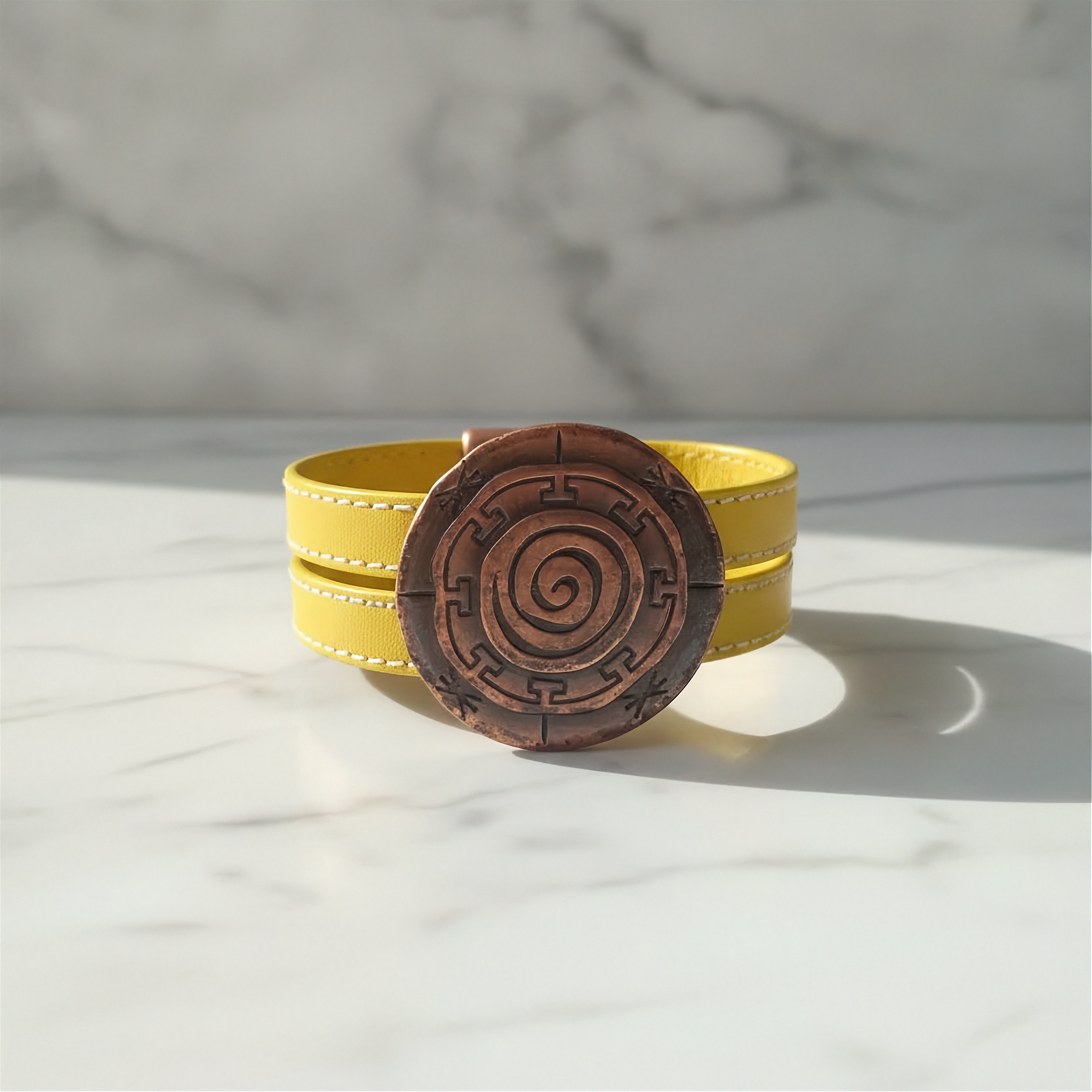 Yellow Flat Leather Cuff Bracelet Copper Focus