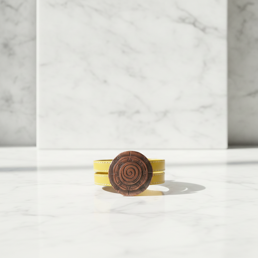 Yellow Flat Leather Cuff Bracelet Copper Focus