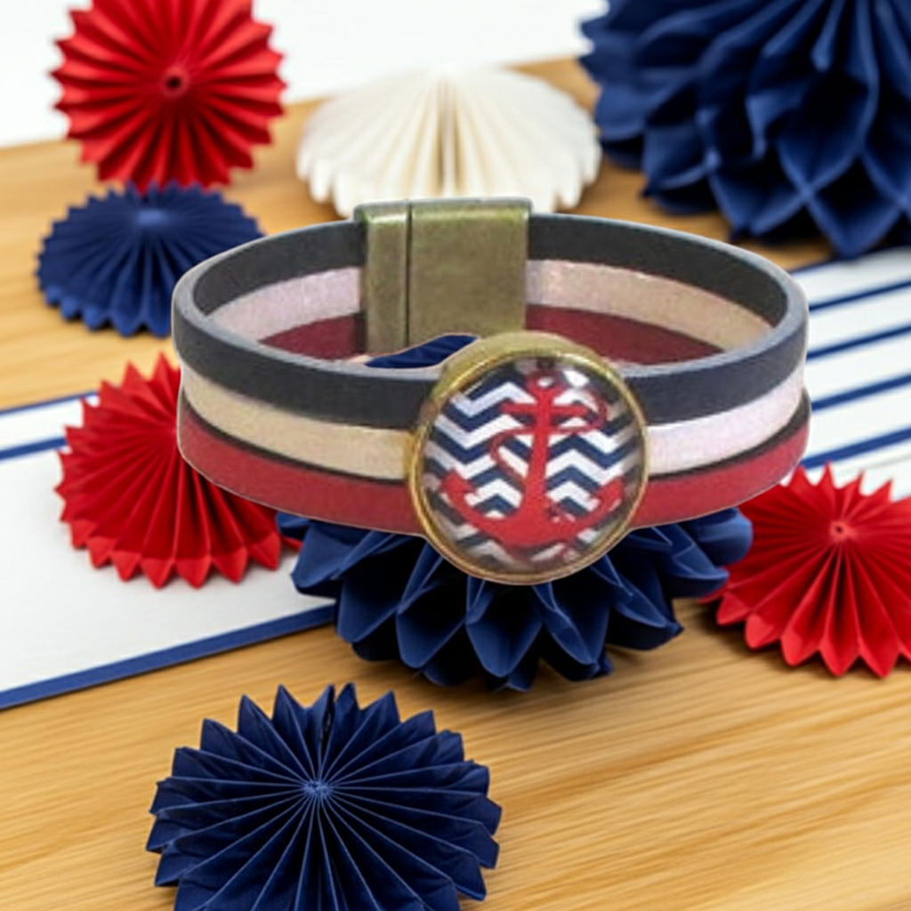 Red White & Blue Leather Bracelet with Anchor Focus