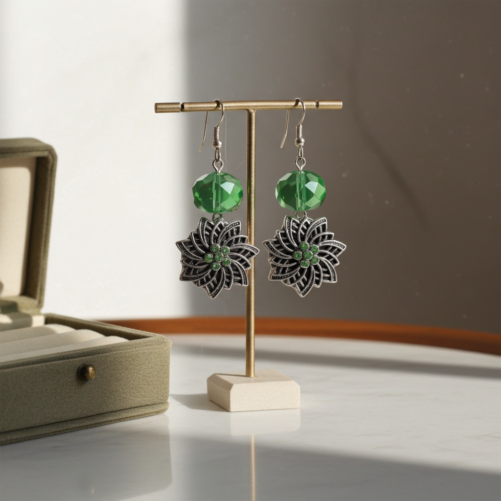 Green Crystal & Silver Drop Earrings