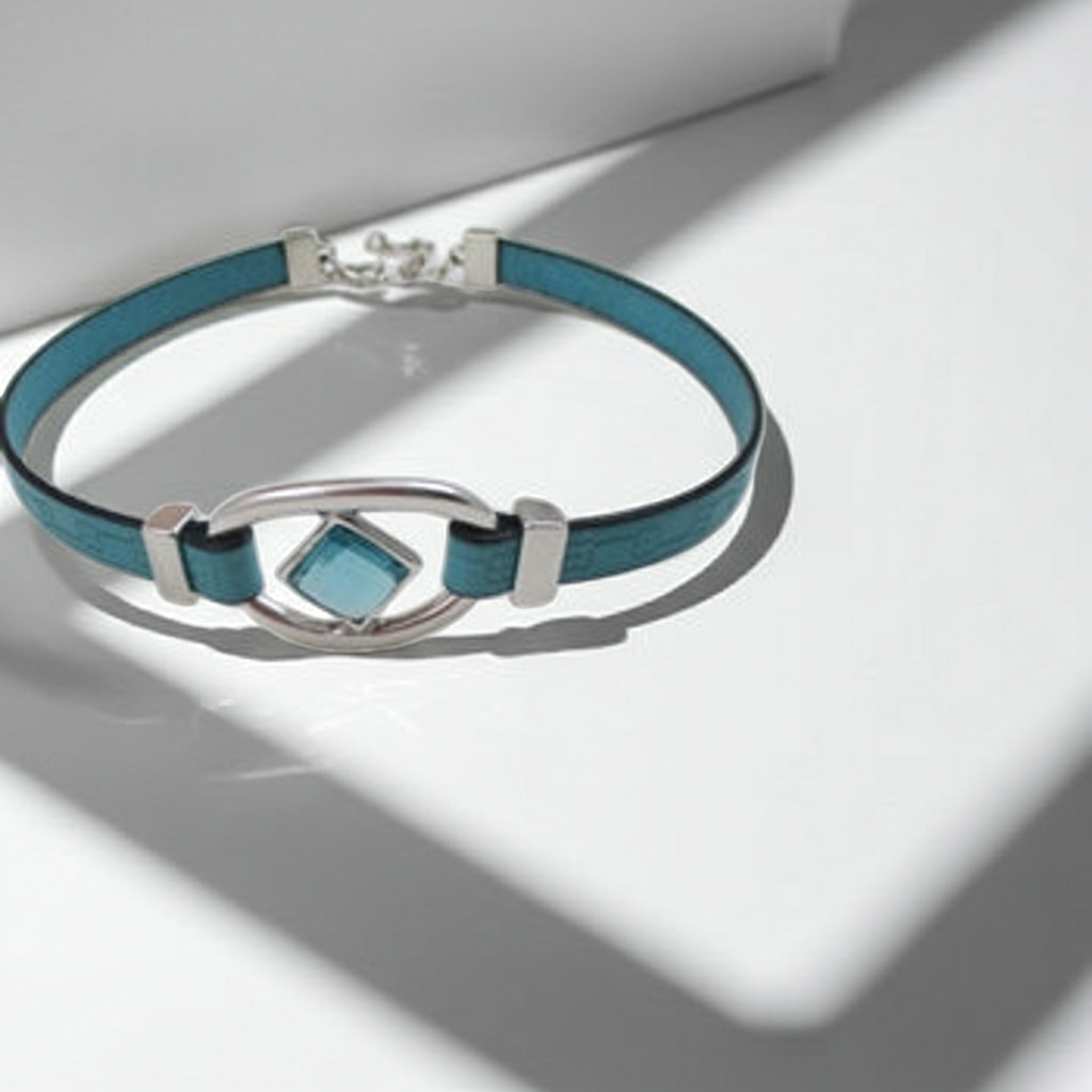 Blue bracelet with silver clasp on a light gray background