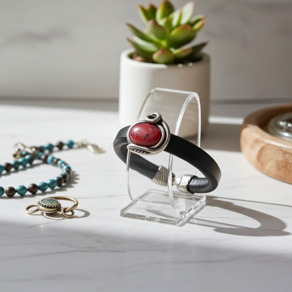 Women's Black Leather Bracelet with Red Leaf Motif Focus