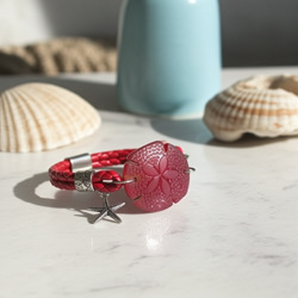 Sea Glass Sand Dollar Red Leather Bracelet