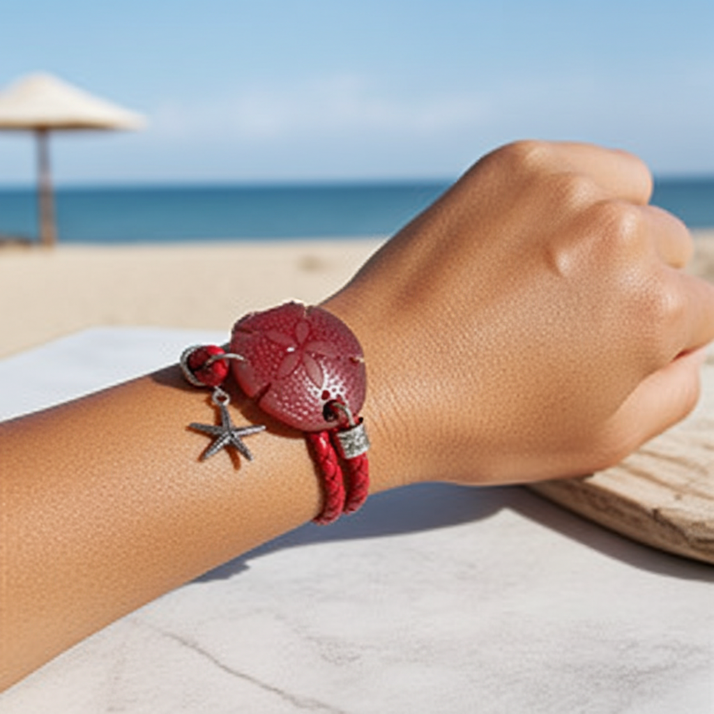Sea Glass Sand Dollar Red Leather Bracelet