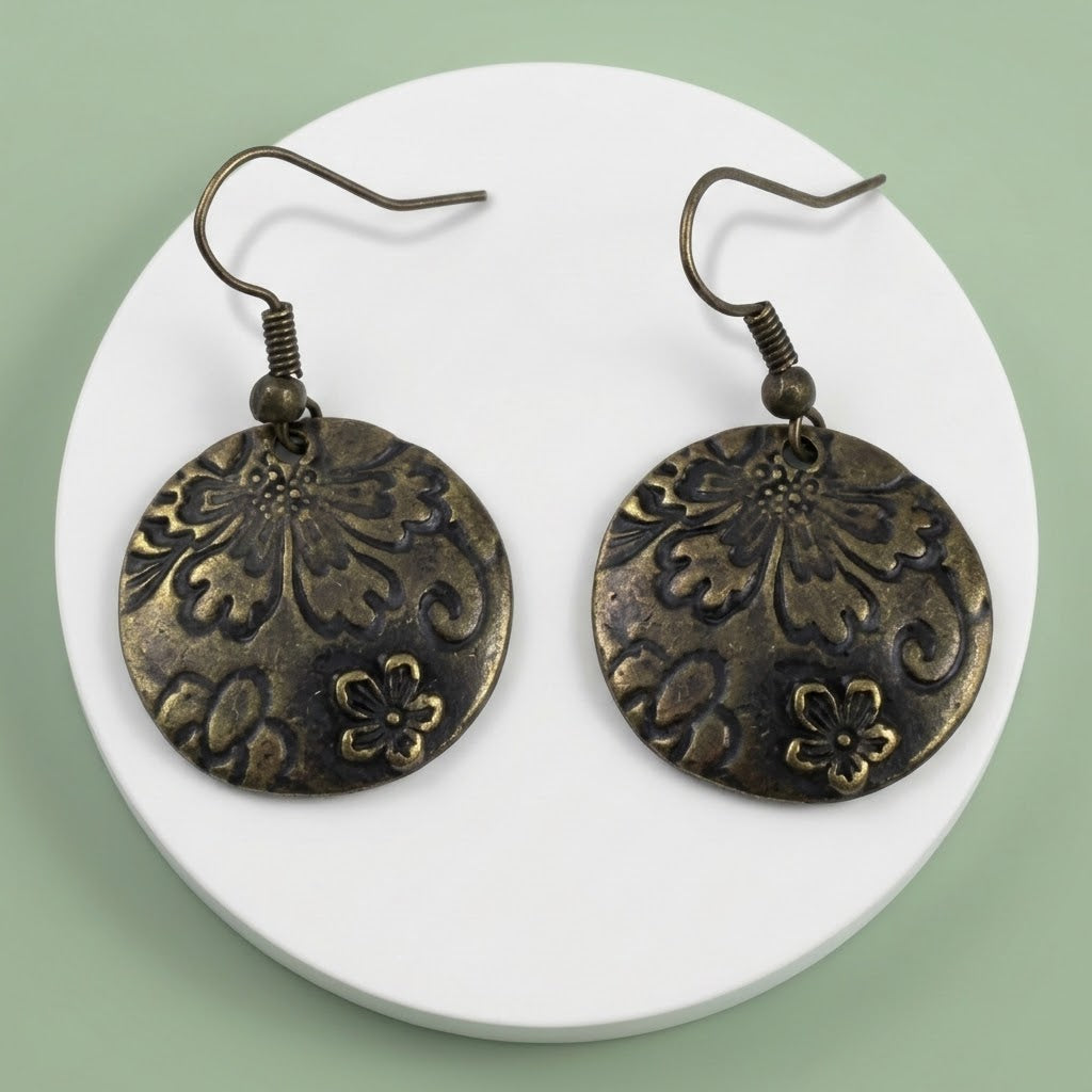 Antique Brass Embossed Floral Disk Earrings
