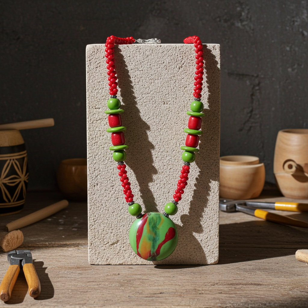 Red & Green Handmade Kazuri Bead Pendant Necklace