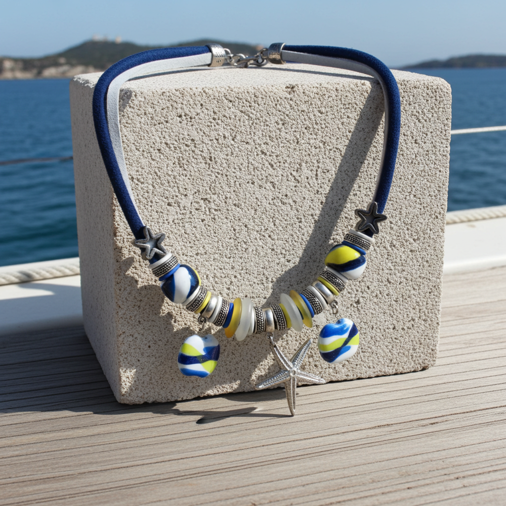 Seaside Kazuri & Sea Glass Necklace Blue & White Leather