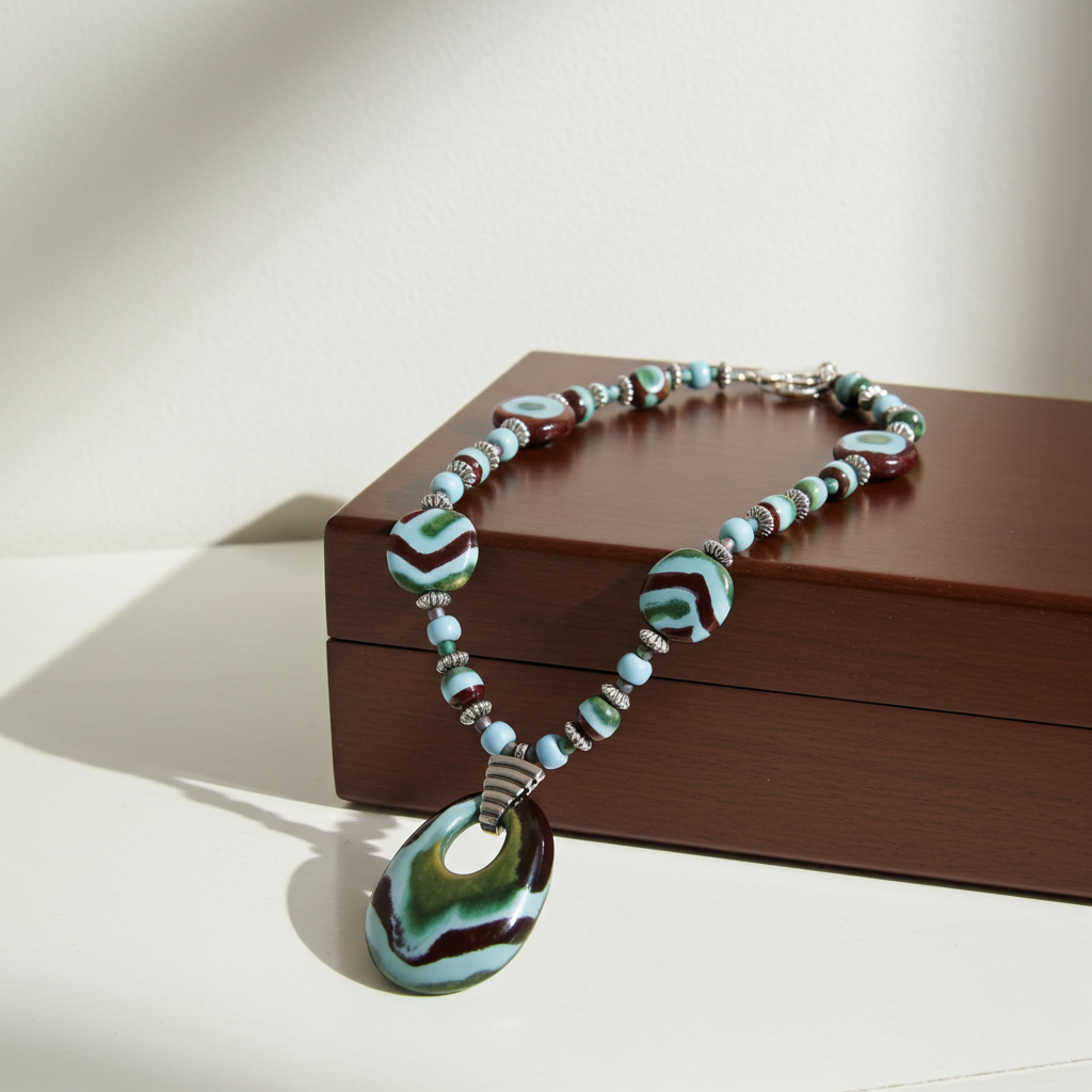 Big Kazuri Pendant Necklace Aqua & Brown Fair Trade Beads