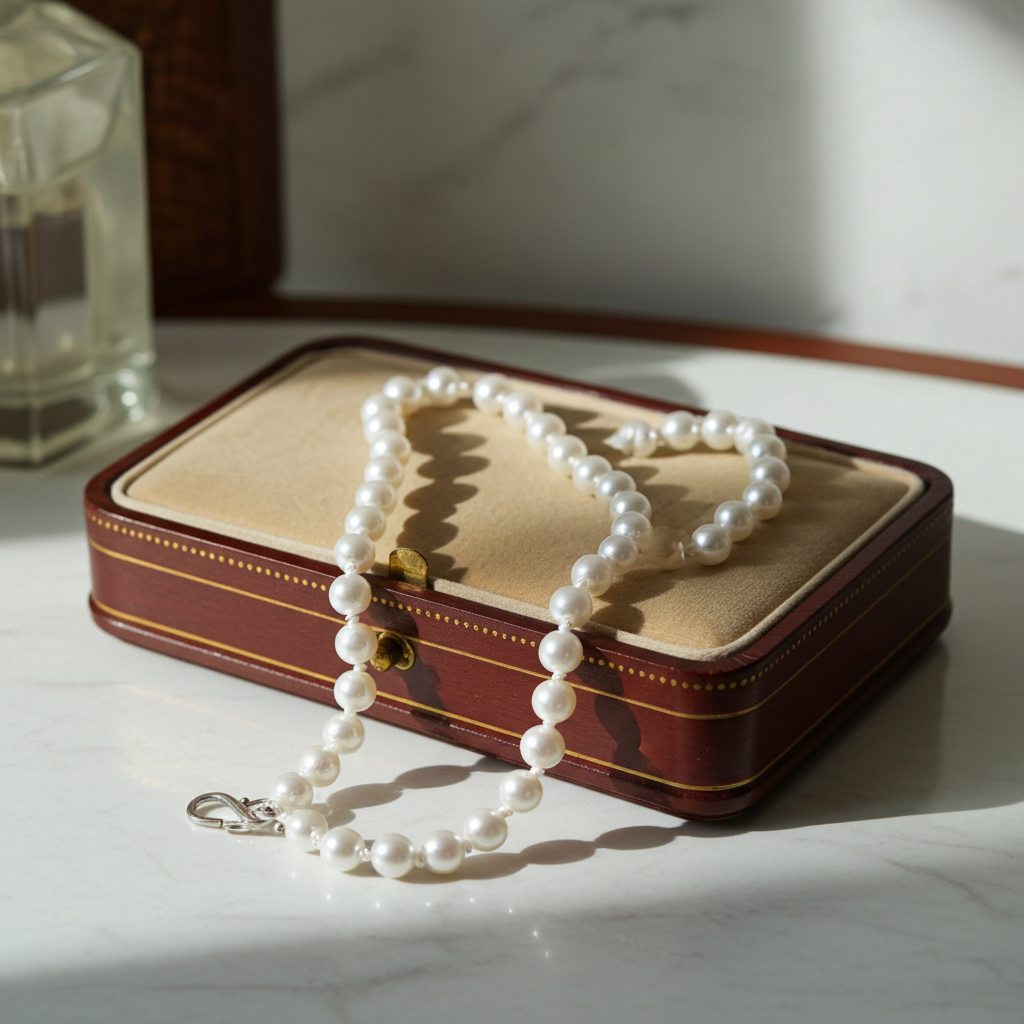 Pearl necklace on a jewelry box with a bottle of perfume in the background