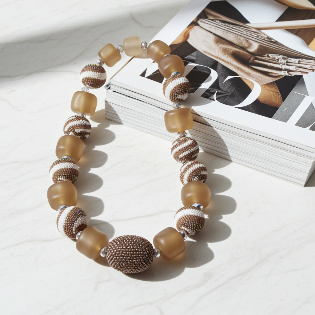Chunky Beige and White Beaded Bead Designer Necklace