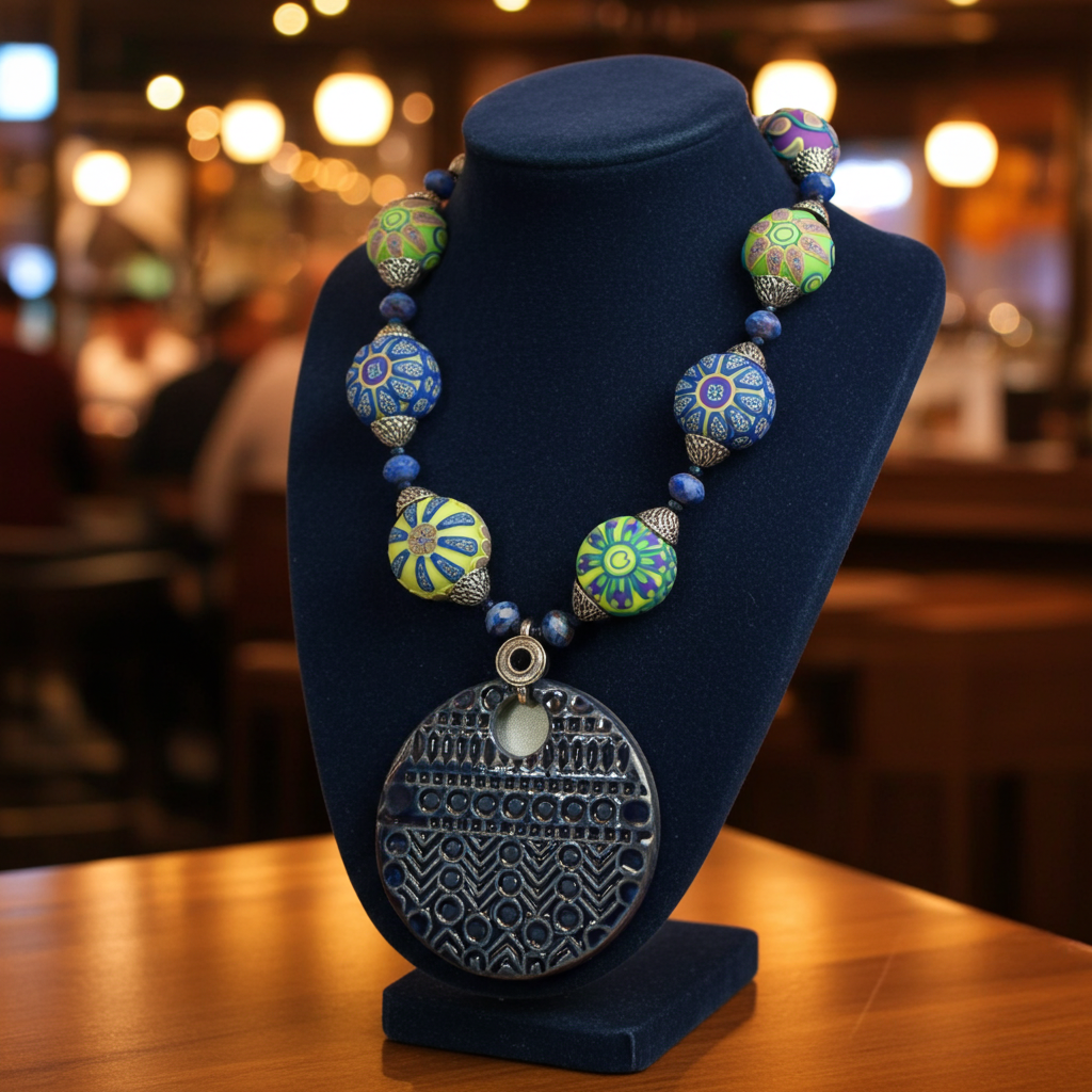 Blue & Green Handmade Artisan Beaded Pendant Nekclace