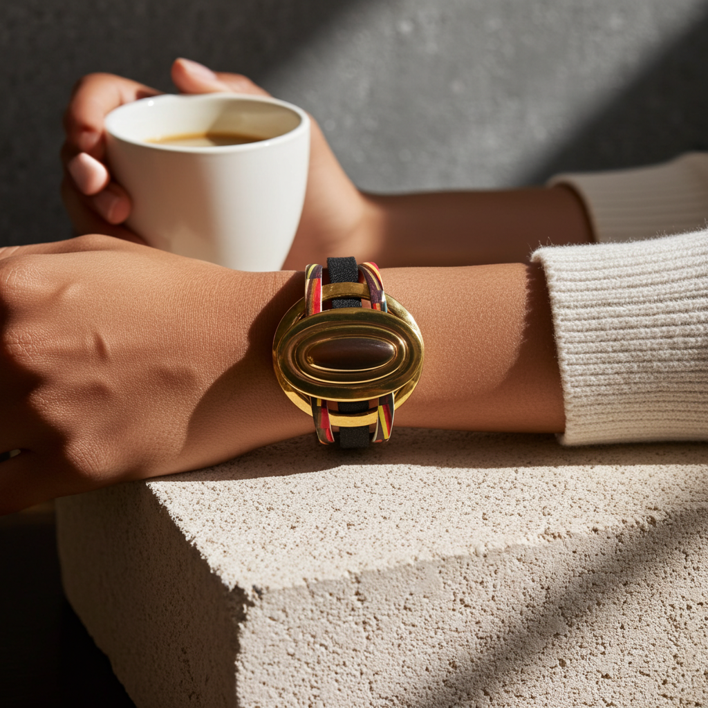 Handcrafted Black Leather Cuff Bracelet Gold Rings Accents