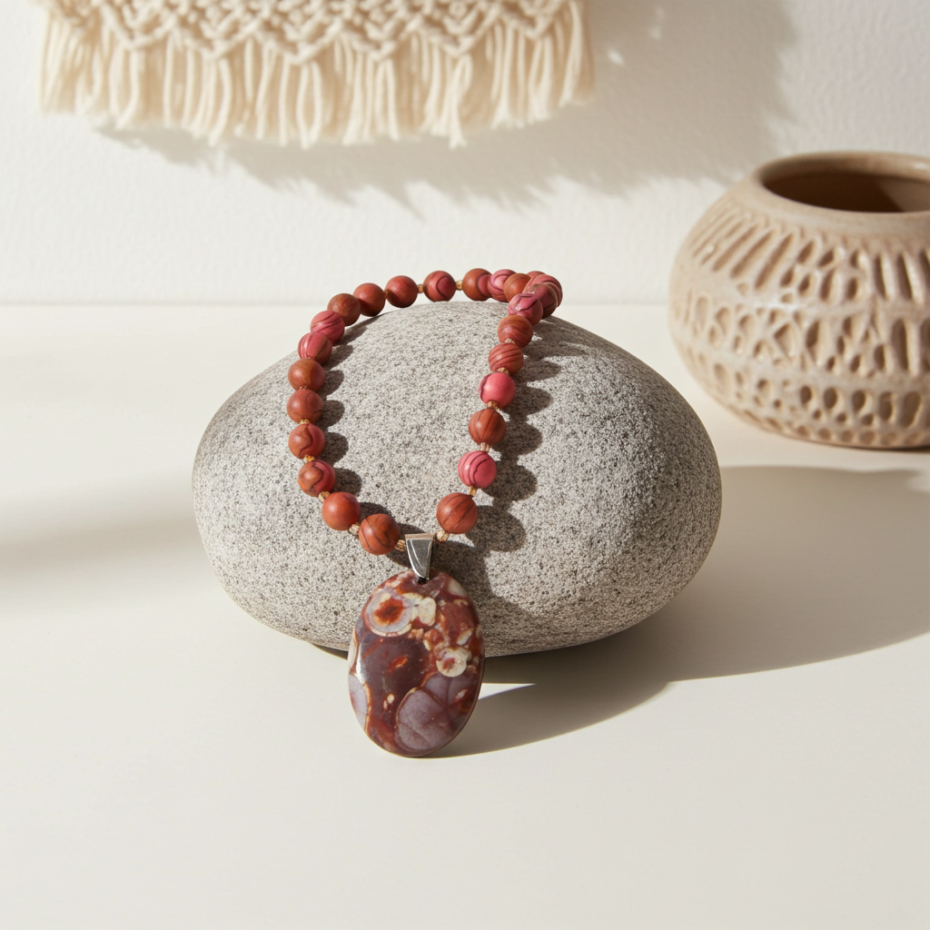 Handmade Pink Beaded Necklace with Gemstone Pendant