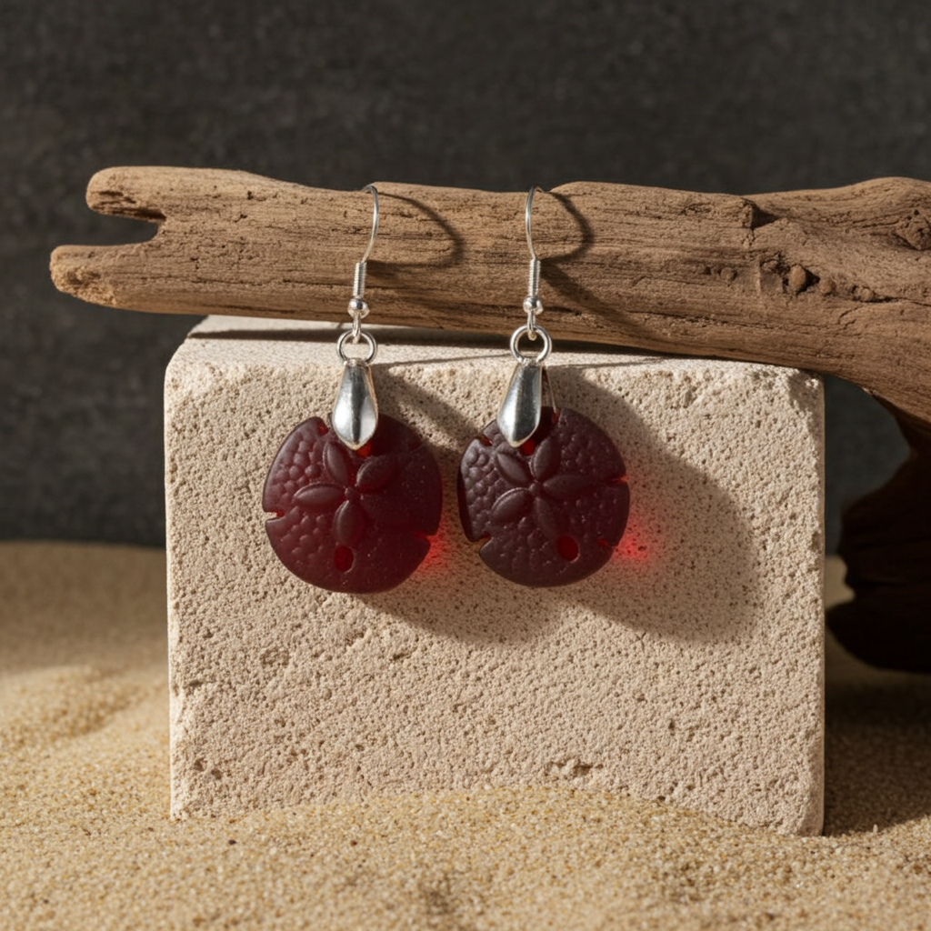 Sand Dollar Sea Glass Drop Earrings Ruby Red
