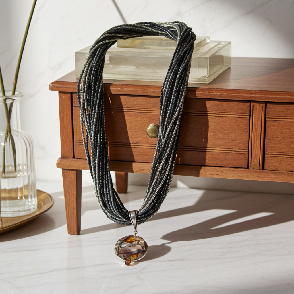 Black  Grey Multi-strand Seed Bead Necklace with Handmade Pendant