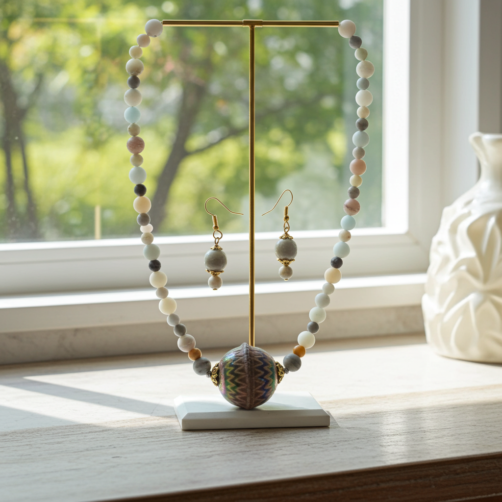 Statement Necklace in Gemstone Amazonite  & Rainbow Leather Bead
