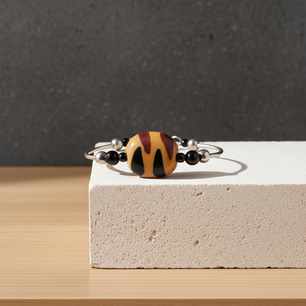 Bangle Bracelet with Fair Trade Tiger Kazuri Bead