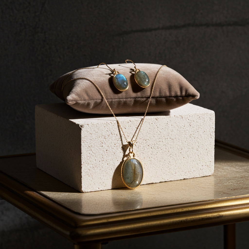 Labradorite Pendant on Gold Chain with Matching  Earring