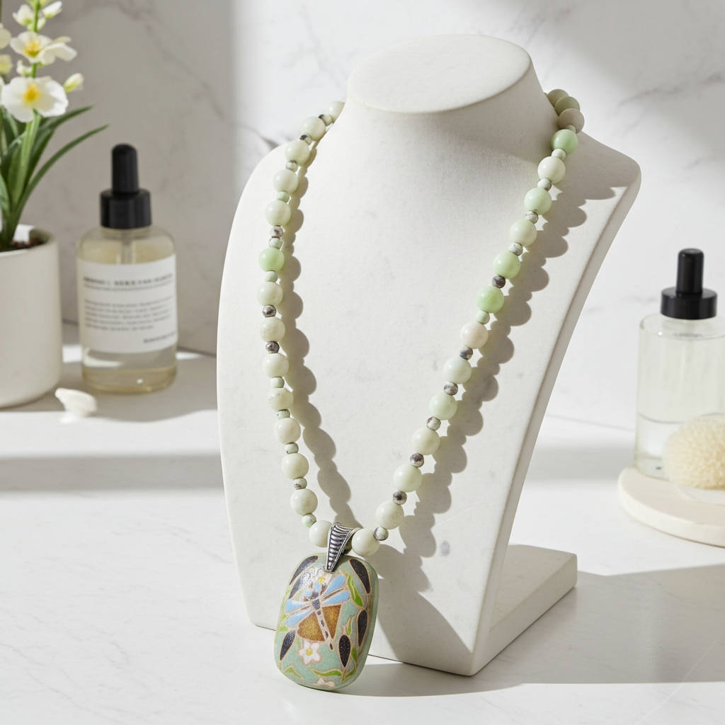 Green Dragonfly Pendant  and Chrysoprase Beaded Necklace