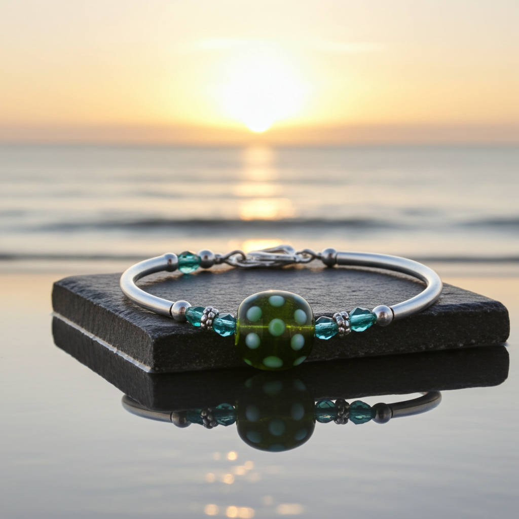 Aqua and Green Kazuri Bead Bangle Bracelet