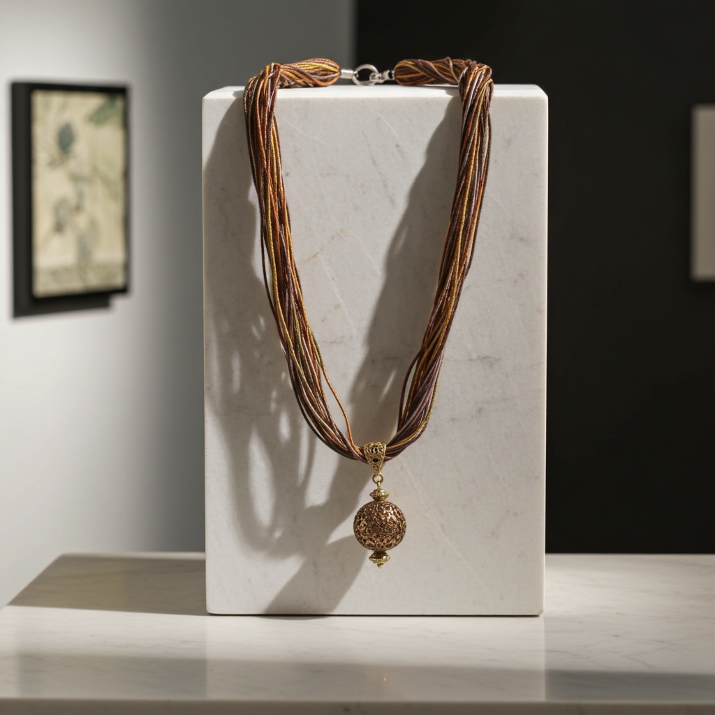Brown & Copper Seed Bead Twisted Necklace with Gold Pendant