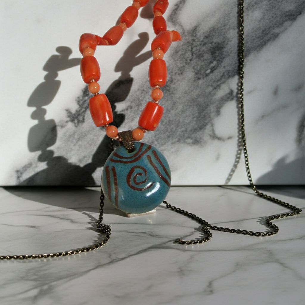 Big Turquoise Handmade  Fair Trade Kazuri Pendant  Necklace