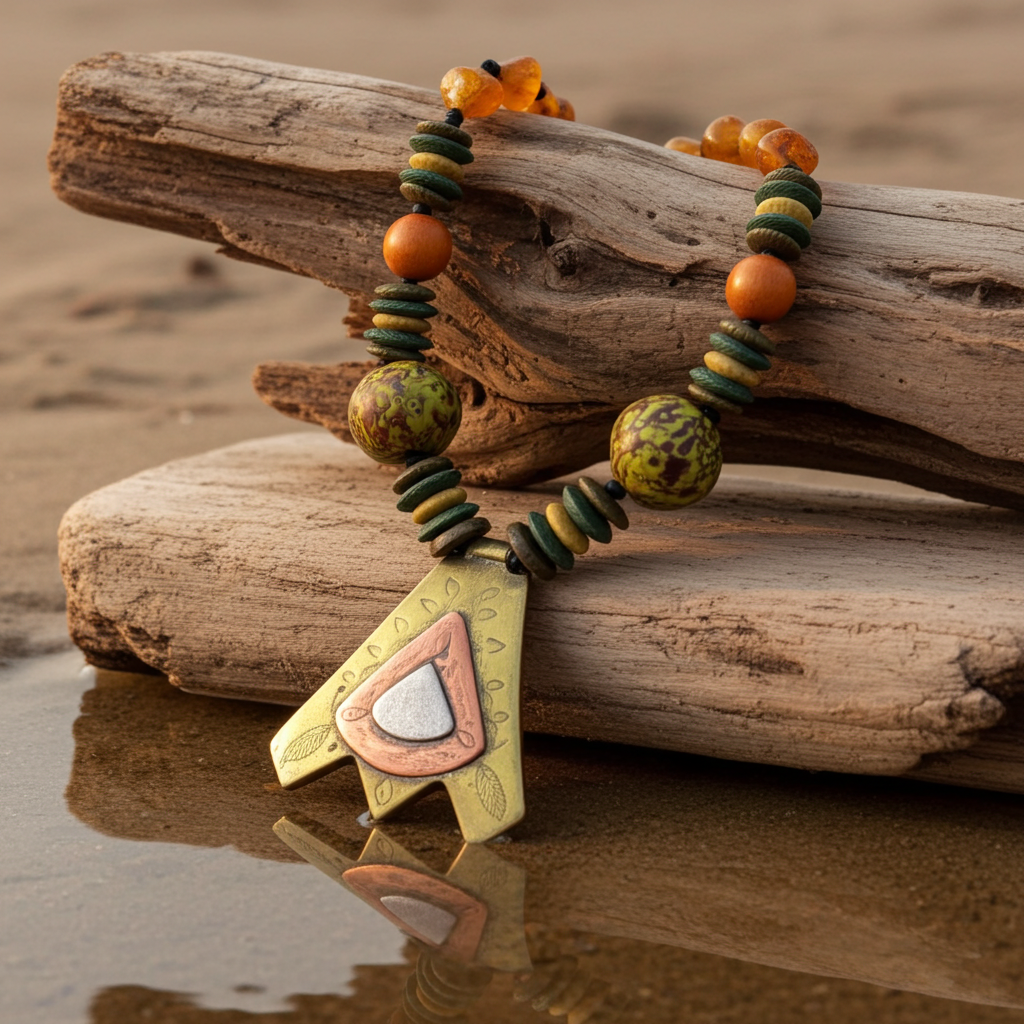 Handmade Pendant Necklace in Amber & Yellow Beads
