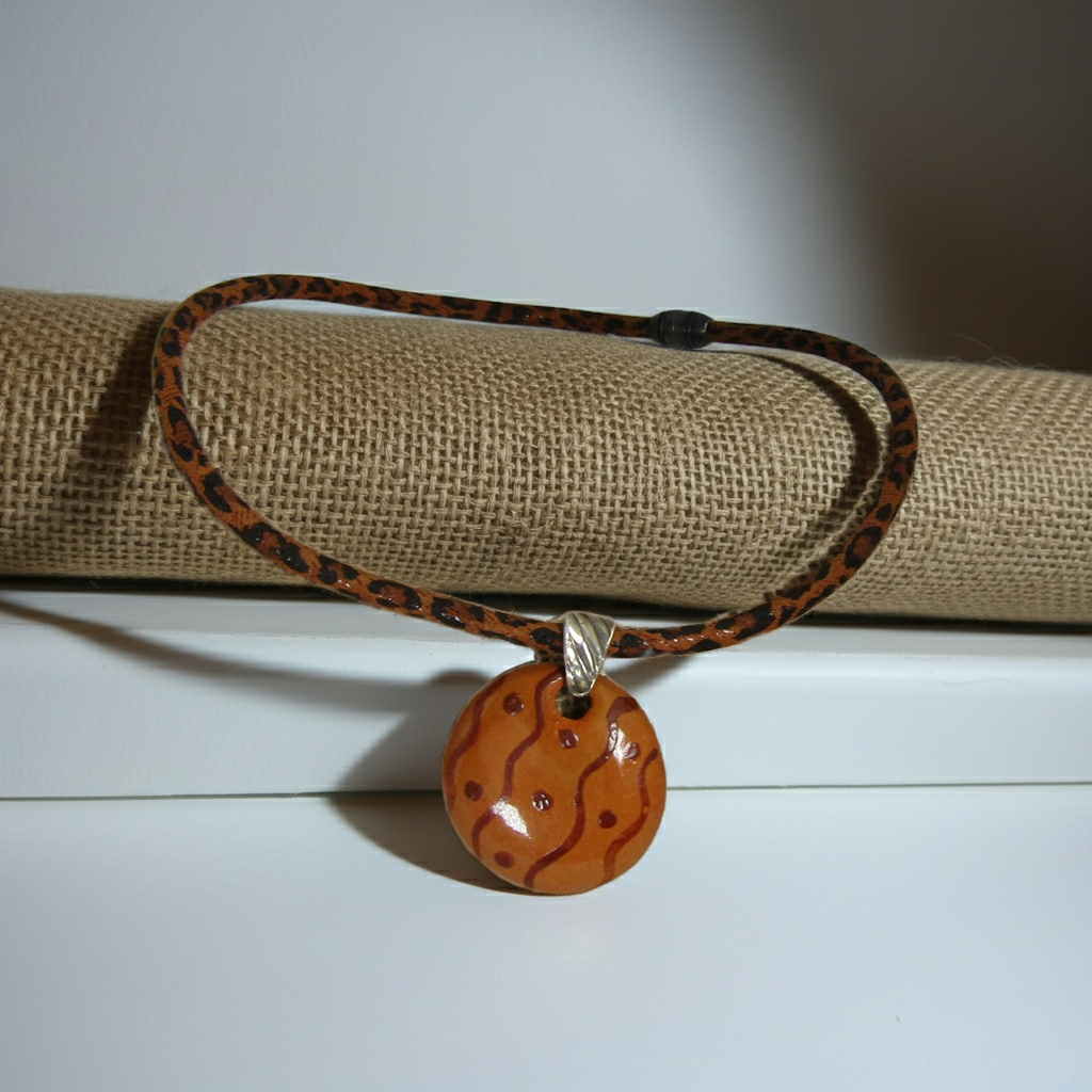 Handmade Fair Trade Kazuri Pendant on Leopard Suede Necklace