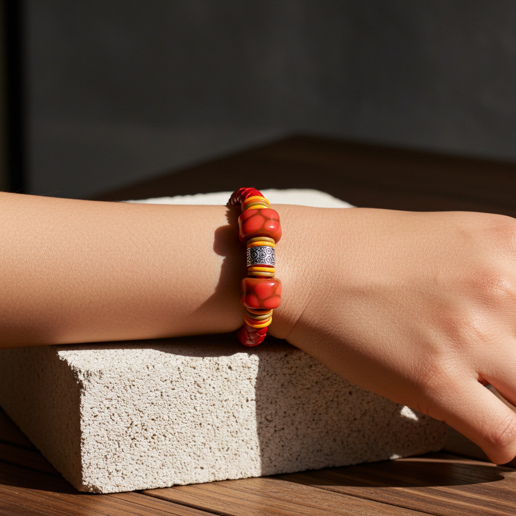 Unisex Red Braided Leather Bracelet Kazuri Bead Accents