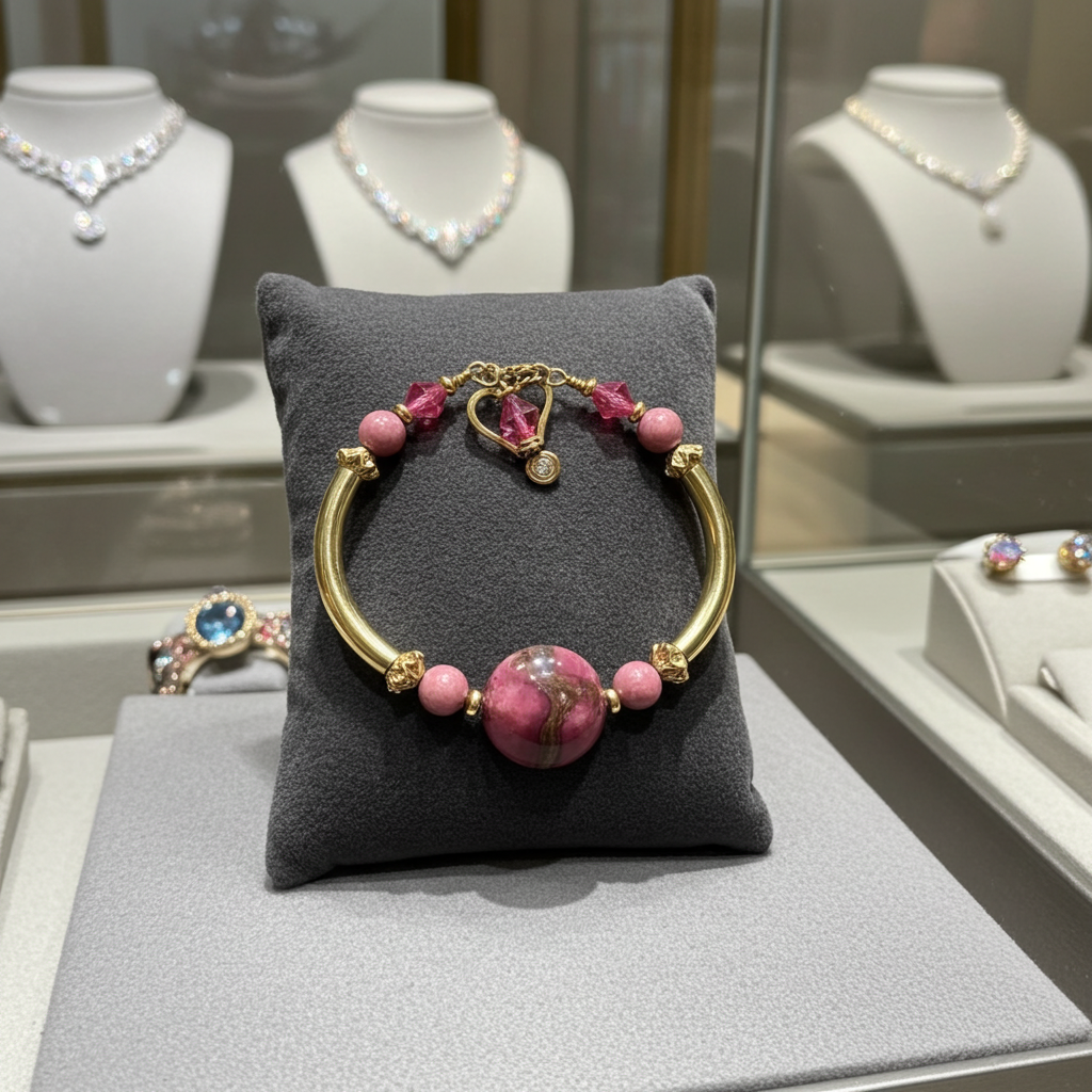 Pink & Gold Artisan Bead Gold Bangle Bracelet