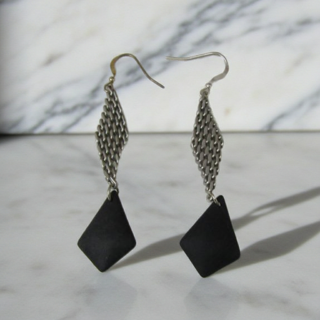 Seashore Inspired Black Sea Glass & Silver Mesh Drop Earrings