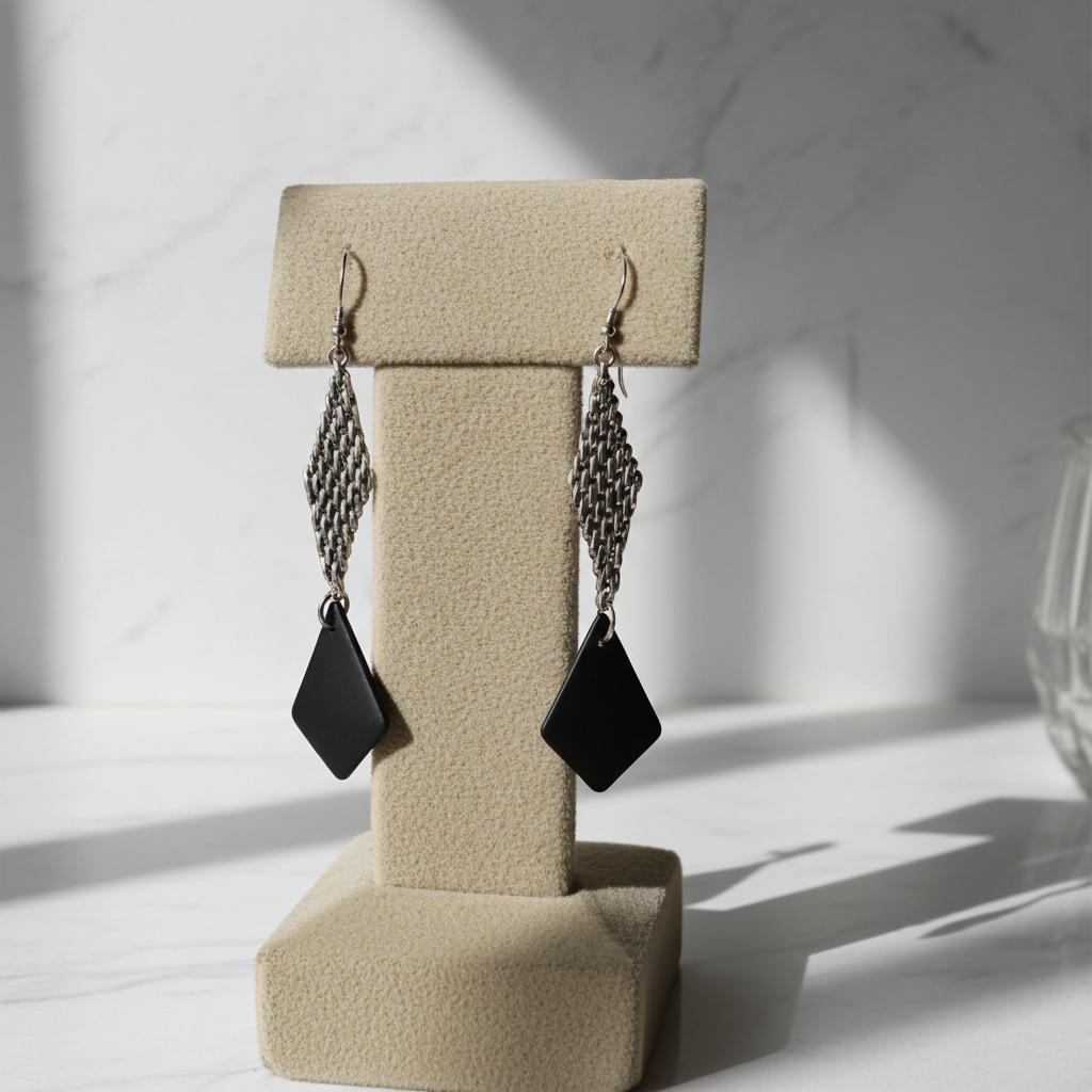 Seashore Inspired Black Sea Glass & Silver Mesh Drop Earrings