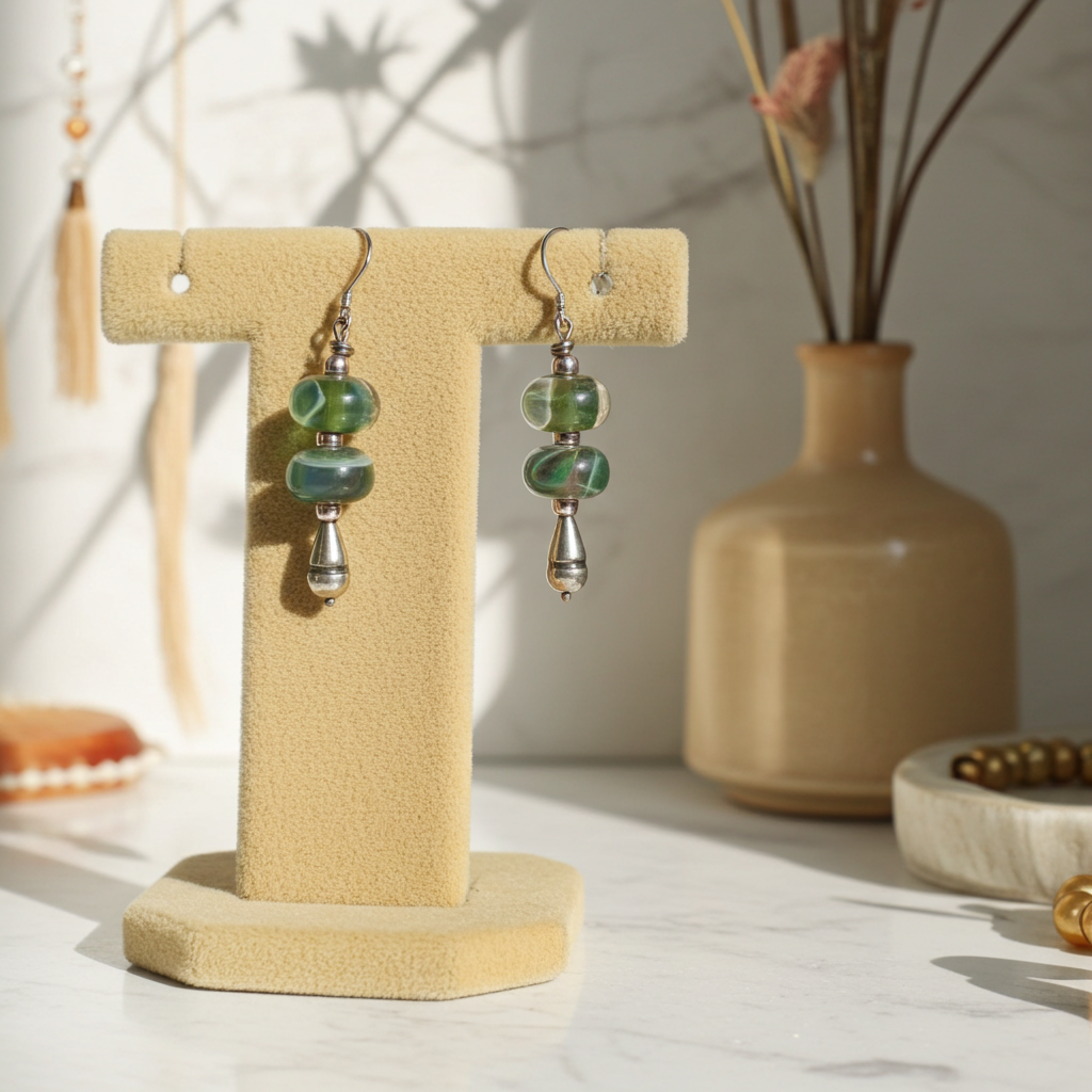 Smokey Green Artisan Bead & Silver Earrings