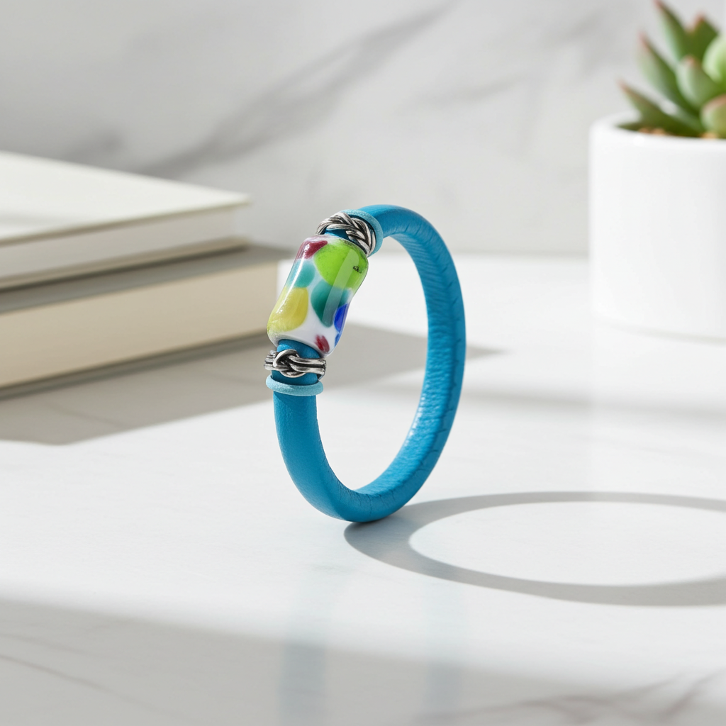Turquoise Leather Bracelet with a Multi-colored Handmade Accent