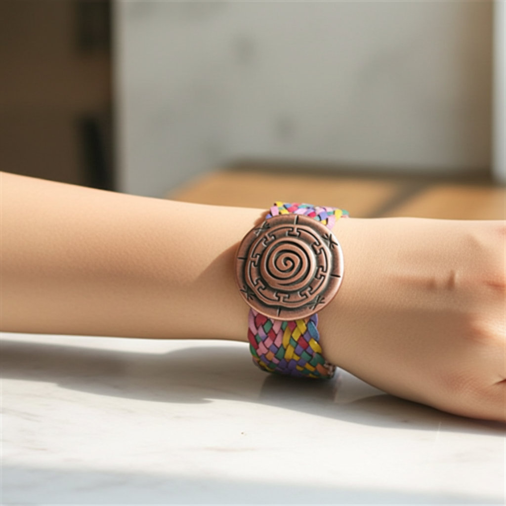 Copper and Multi-colored Braided Leather Cuff Bracelet