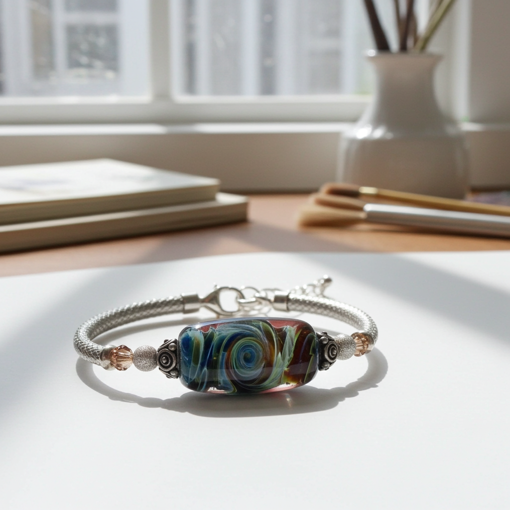 Turquoise Swirled Handmade Artisan  Bead Bangle Bracelet