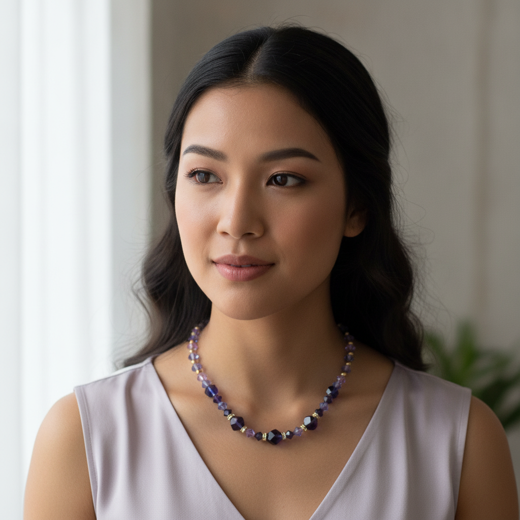 A woman with long dark hair wearing a lavender sleeveless top and a beaded necklace with purple, blue, and white beads, photographed in a softly lit indoor setting.