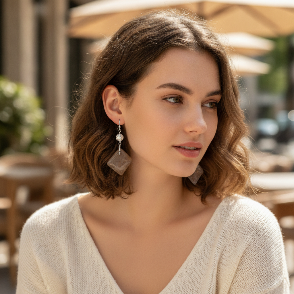 Petrified Palmwood Tan Gemstone Drop Earrings