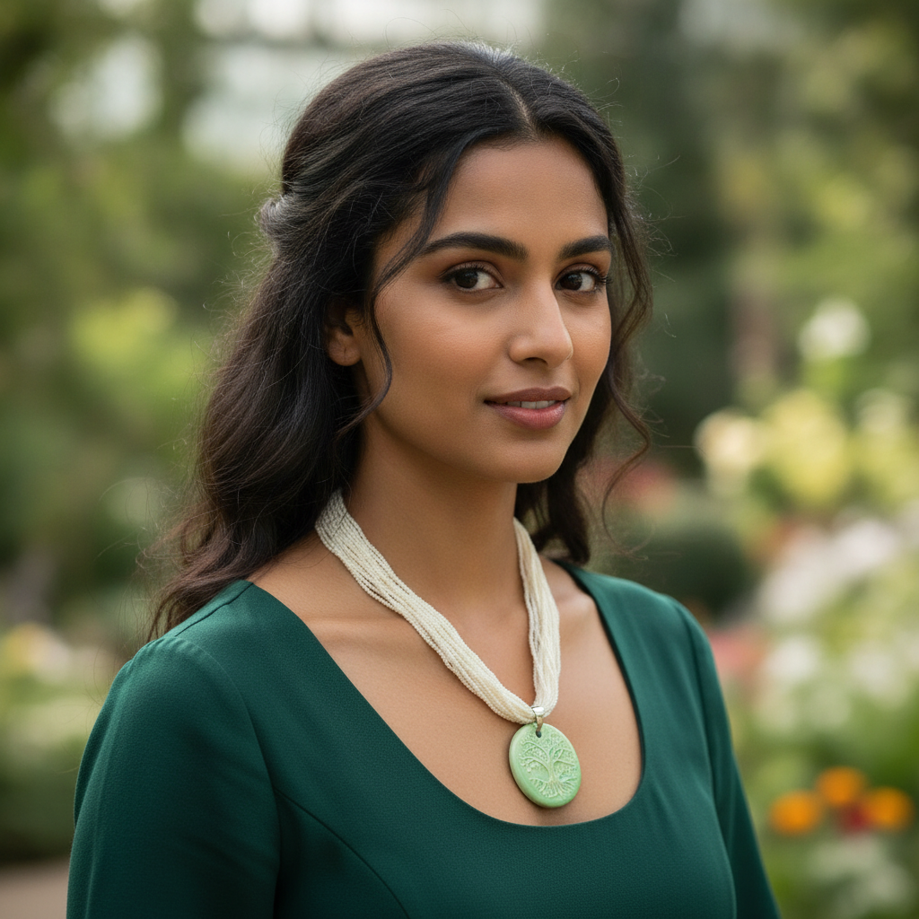 Pearl White Necklace with Claycult Tree of Life Green Pendant