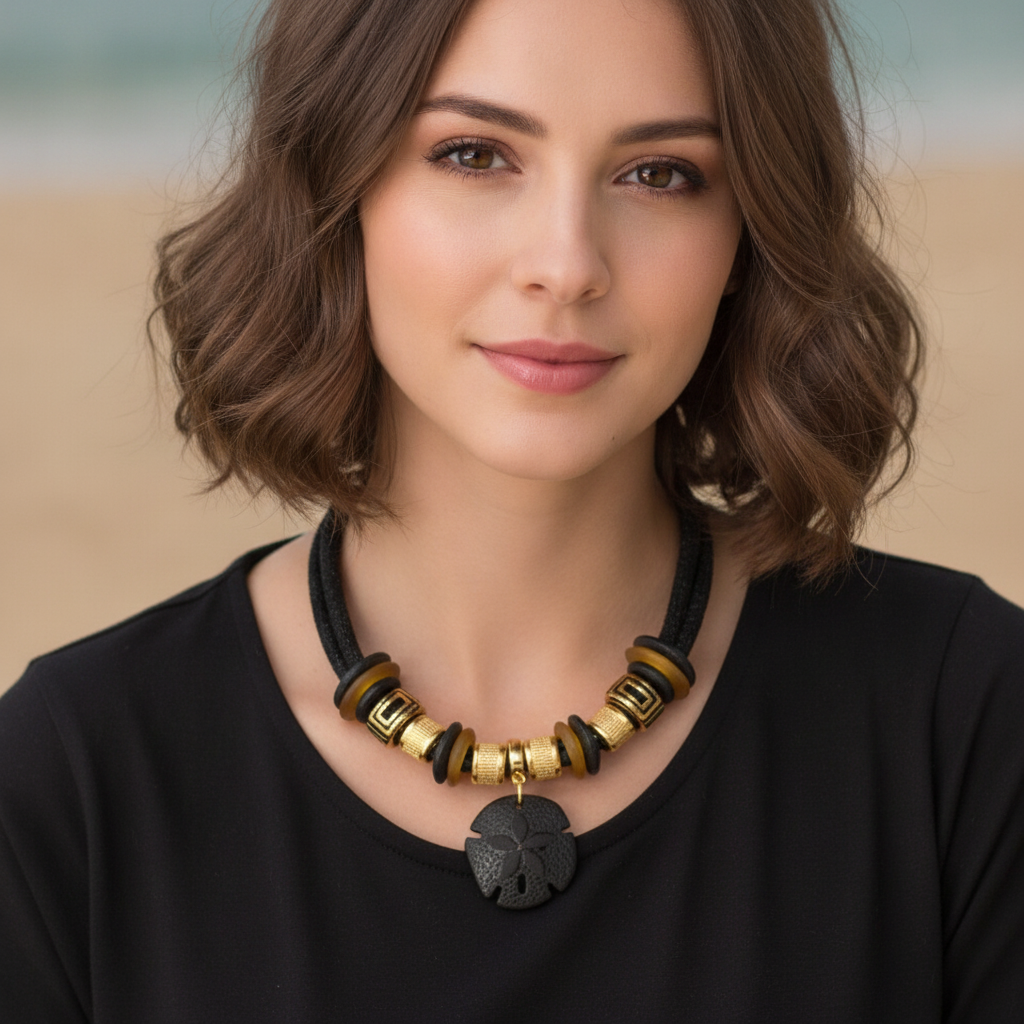 Large Black Sea Glass Sand Dollar Pendant Necklace