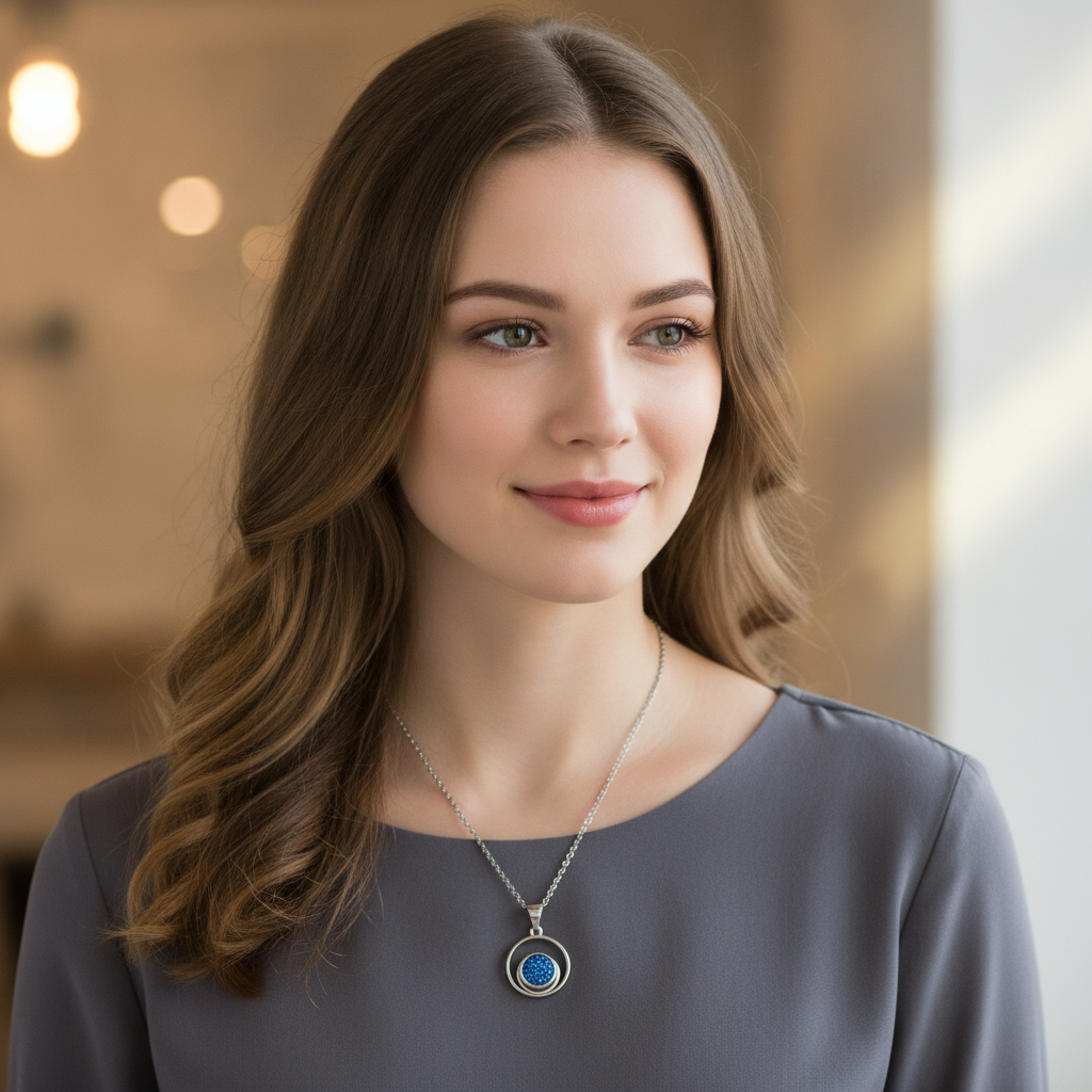 A woman with long brown hair wearing a silver pendant necklace with a blue circular design, set against a softly blurred indoor background.