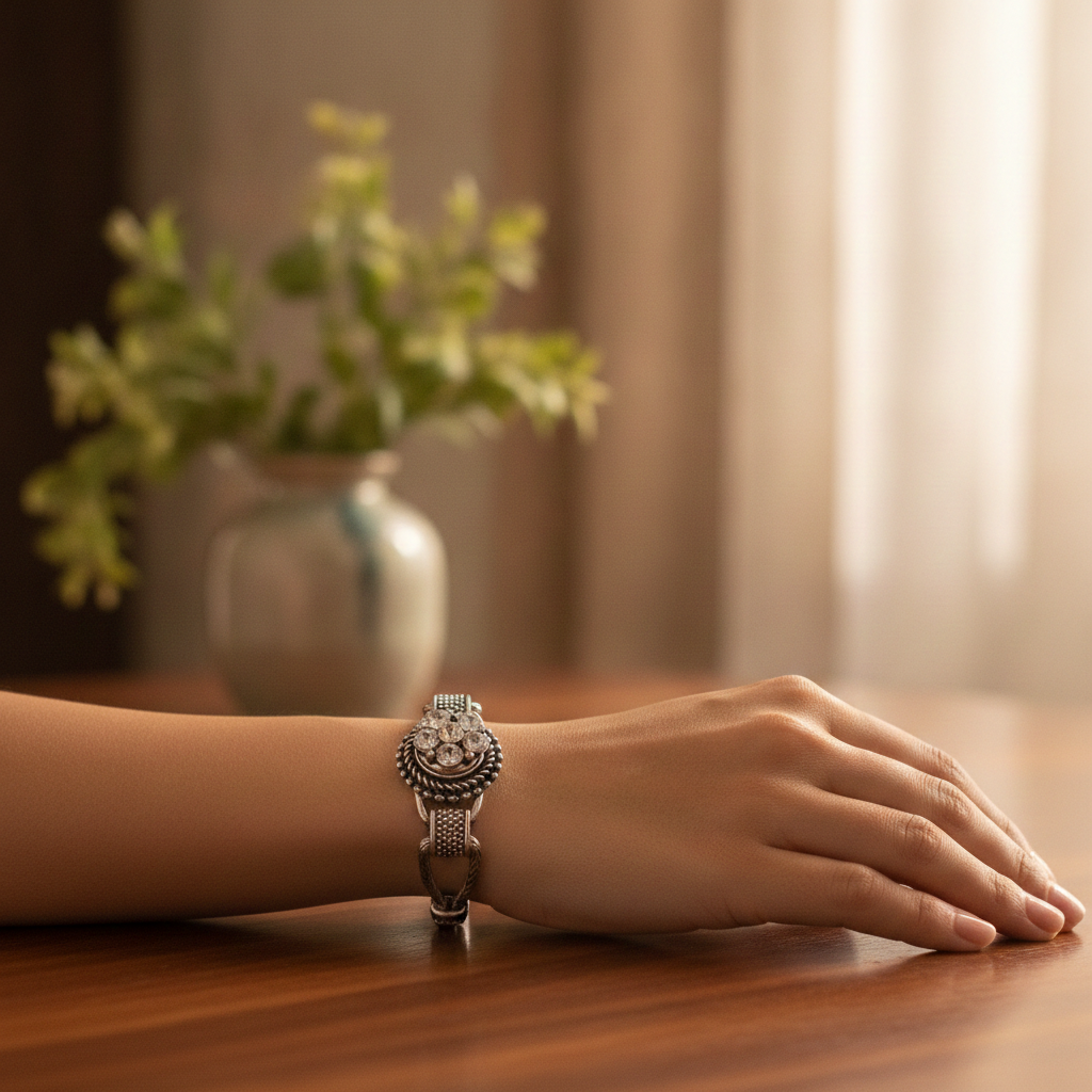 A close-up of a person's hand resting on a wooden table, wearing a silver-toned ornate watch with a textured mesh band. The background is a warm, softly blurred interior with a vase of green leaves.
