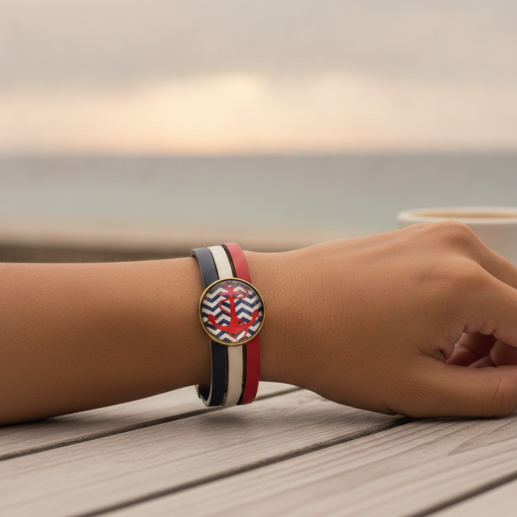 Red White & Blue Leather Bracelet with Anchor Focus