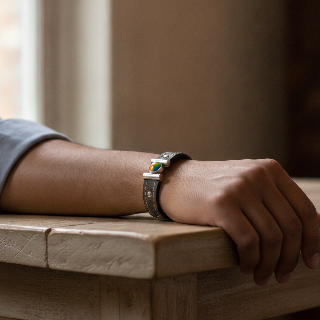 Man's Boho Brown Leather Bracelet with Rainbow Inlaid Clasp