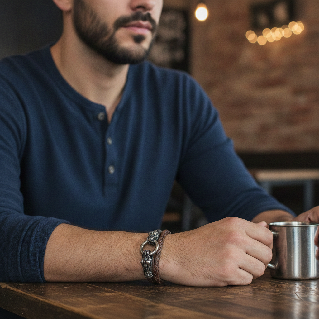 Man's Braided Brown Leather Bracelet with Alligator Clap