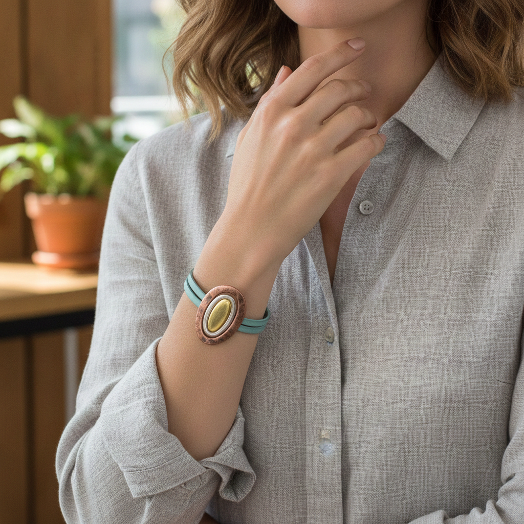 Destressed Pastel Turquoise Leather Bracelet Tri-colored Ringed Accent