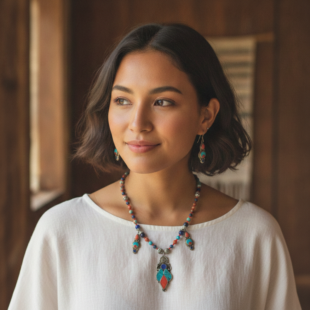 Boho Tibetan Turquoise Inlay Pendant Necklace & Earrings