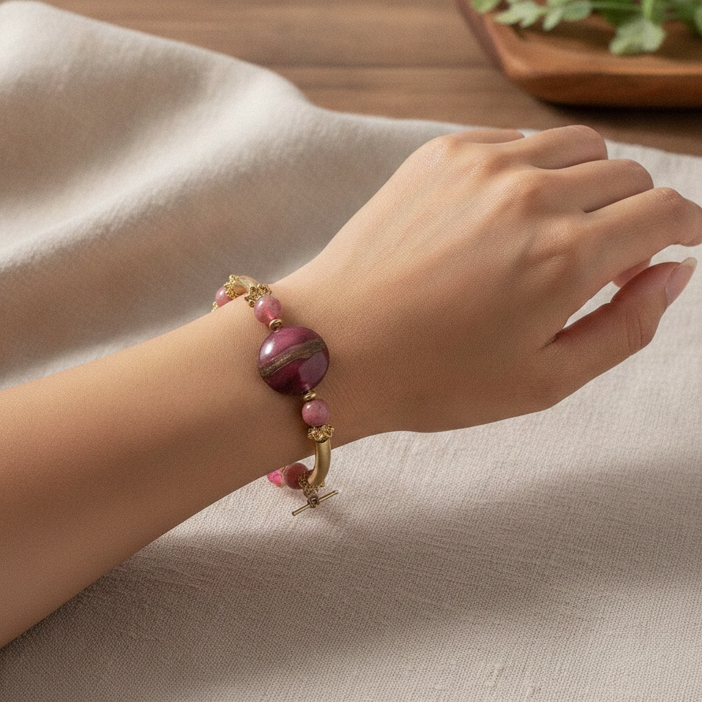 Pink & Gold Artisan Bead Gold Bangle Bracelet