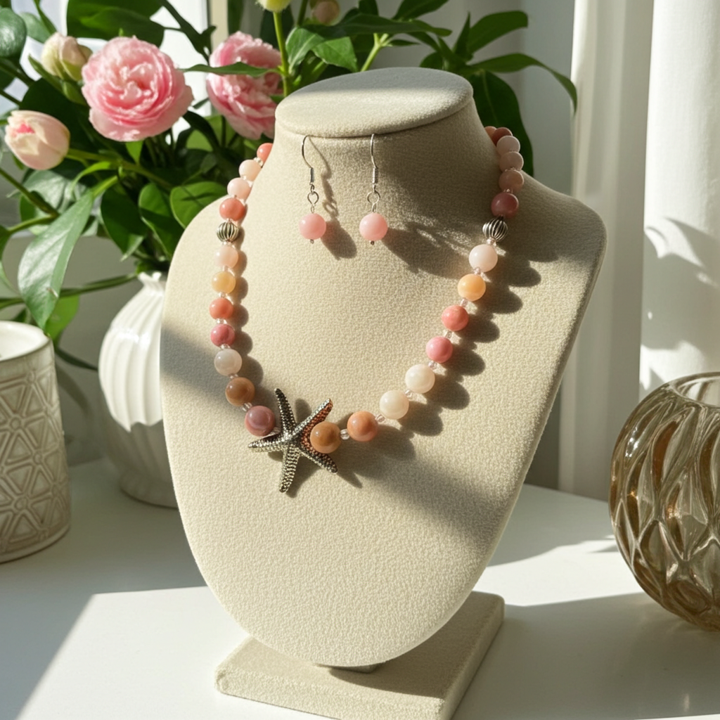 Handmade Necklace in Whimsical Pink Opal and Silver & Earrings